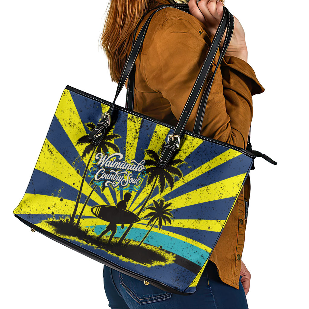 Waimanalo Oahu Hawaii Surfing Leather Tote Bag Tropical Beach Retro Sunburst Surfboard
