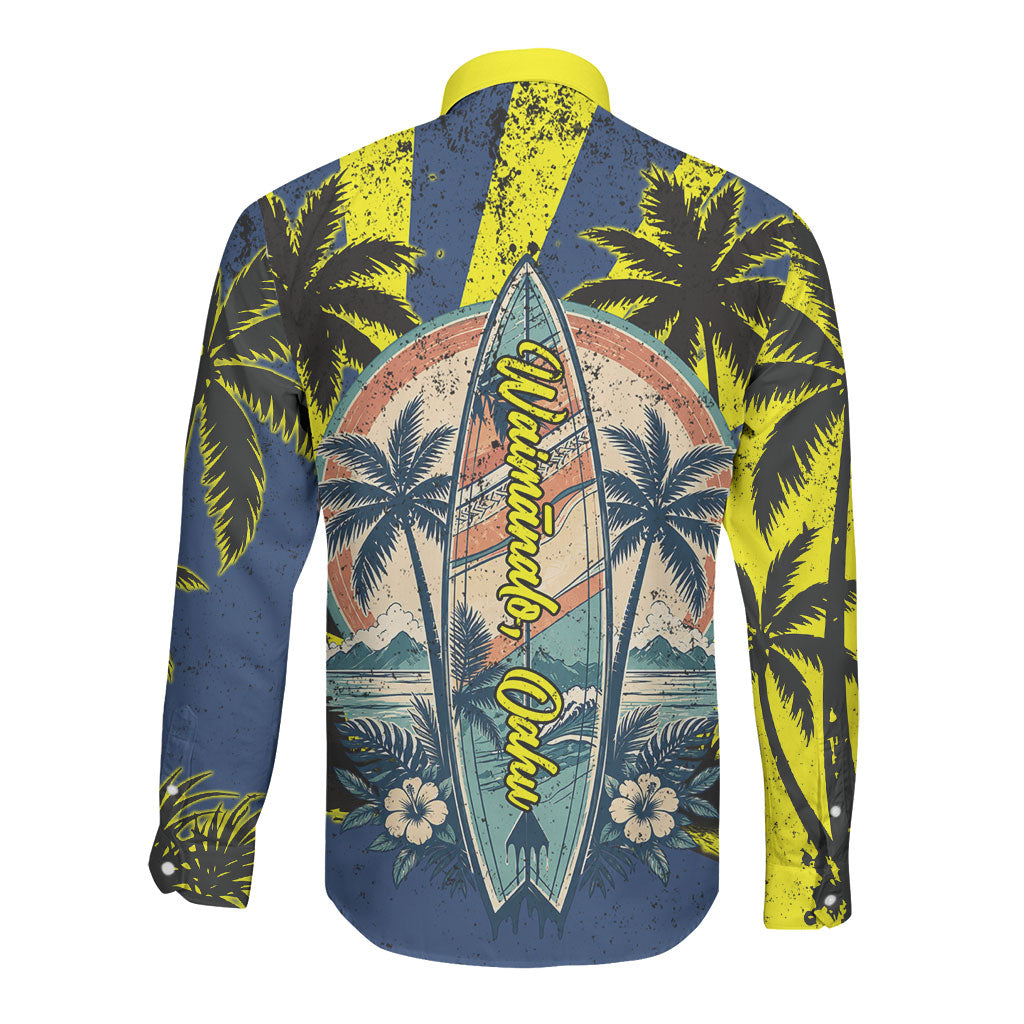 Waimanalo Oahu Hawaii Surfing Long Sleeve Button Shirt Tropical Beach Retro Sunburst Surfboard