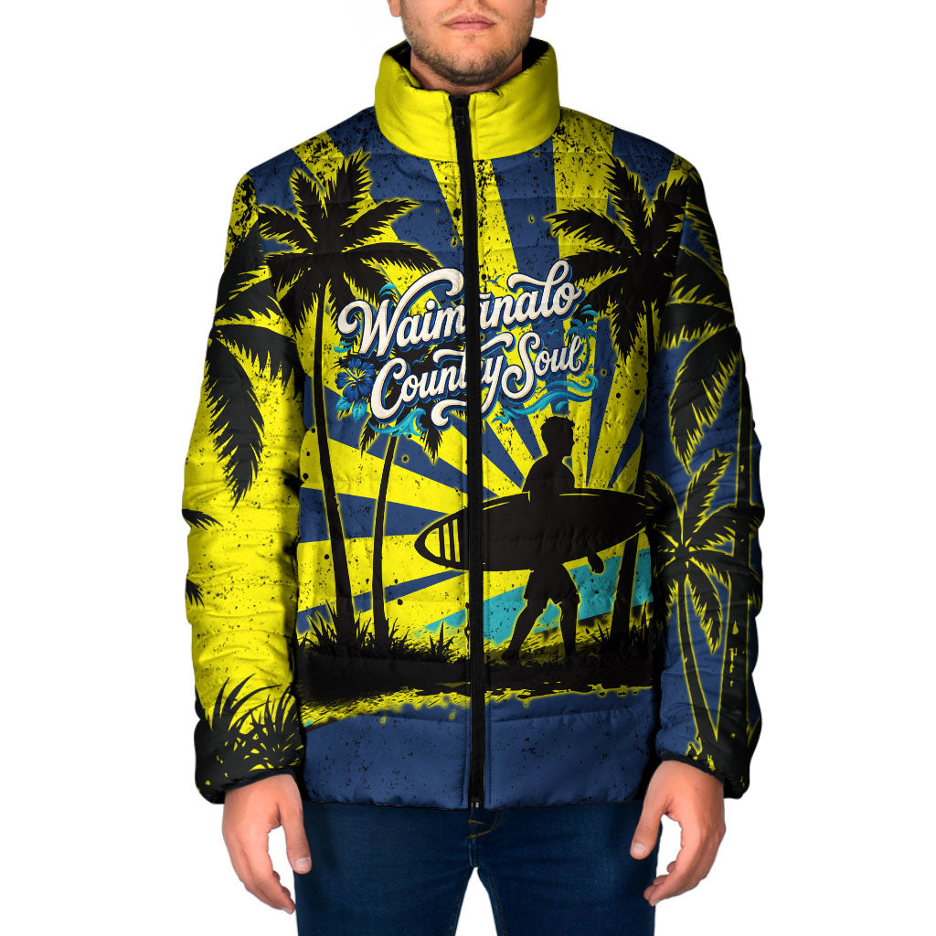 Waimanalo Oahu Hawaii Surfing Padded Jacket Tropical Beach Retro Sunburst Surfboard