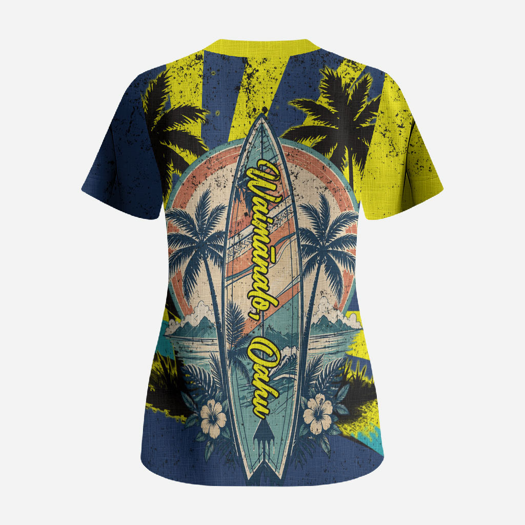 Waimanalo Oahu Hawaii Surfing Scrub Top Tropical Beach Retro Sunburst Surfboard