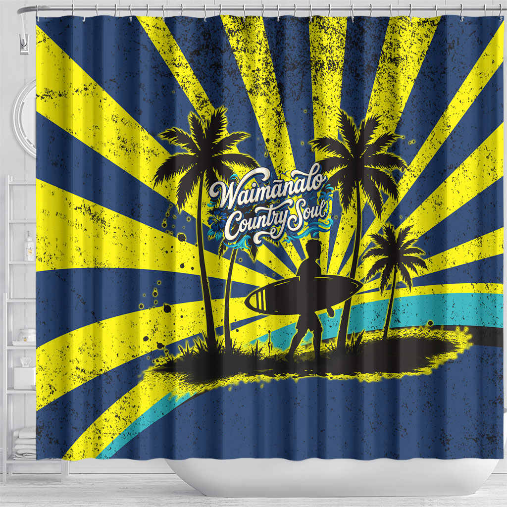 Waimanalo Oahu Hawaii Surfing Shower Curtain Tropical Beach Retro Sunburst Surfboard