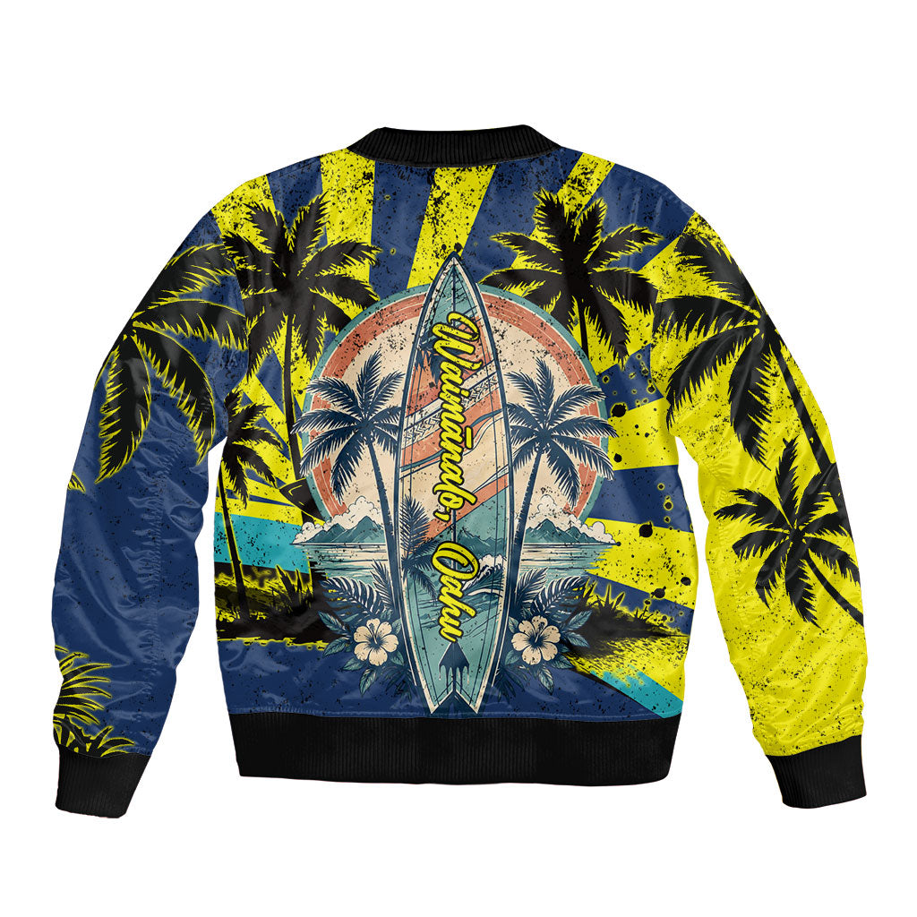 Waimanalo Oahu Hawaii Surfing Sleeve Zip Bomber Jacket Tropical Beach Retro Sunburst Surfboard