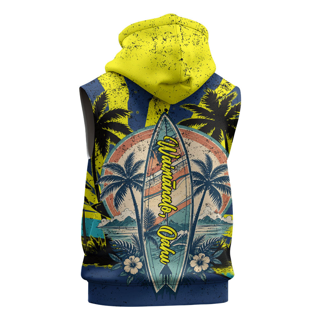 Waimanalo Oahu Hawaii Surfing Sleeveless Hoodie Tropical Beach Retro Sunburst Surfboard