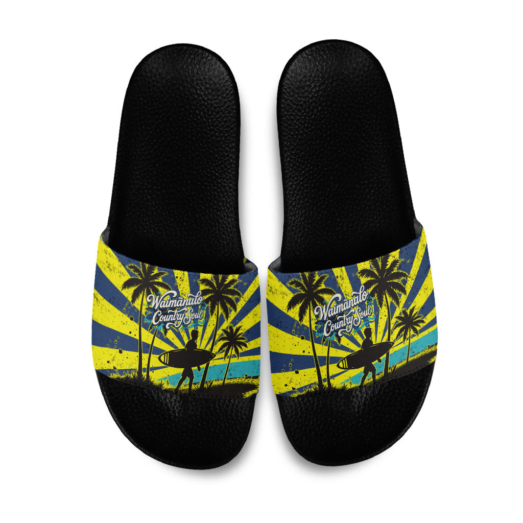 Waimanalo Oahu Hawaii Surfing Slide Sandals Tropical Beach Retro Sunburst Surfboard