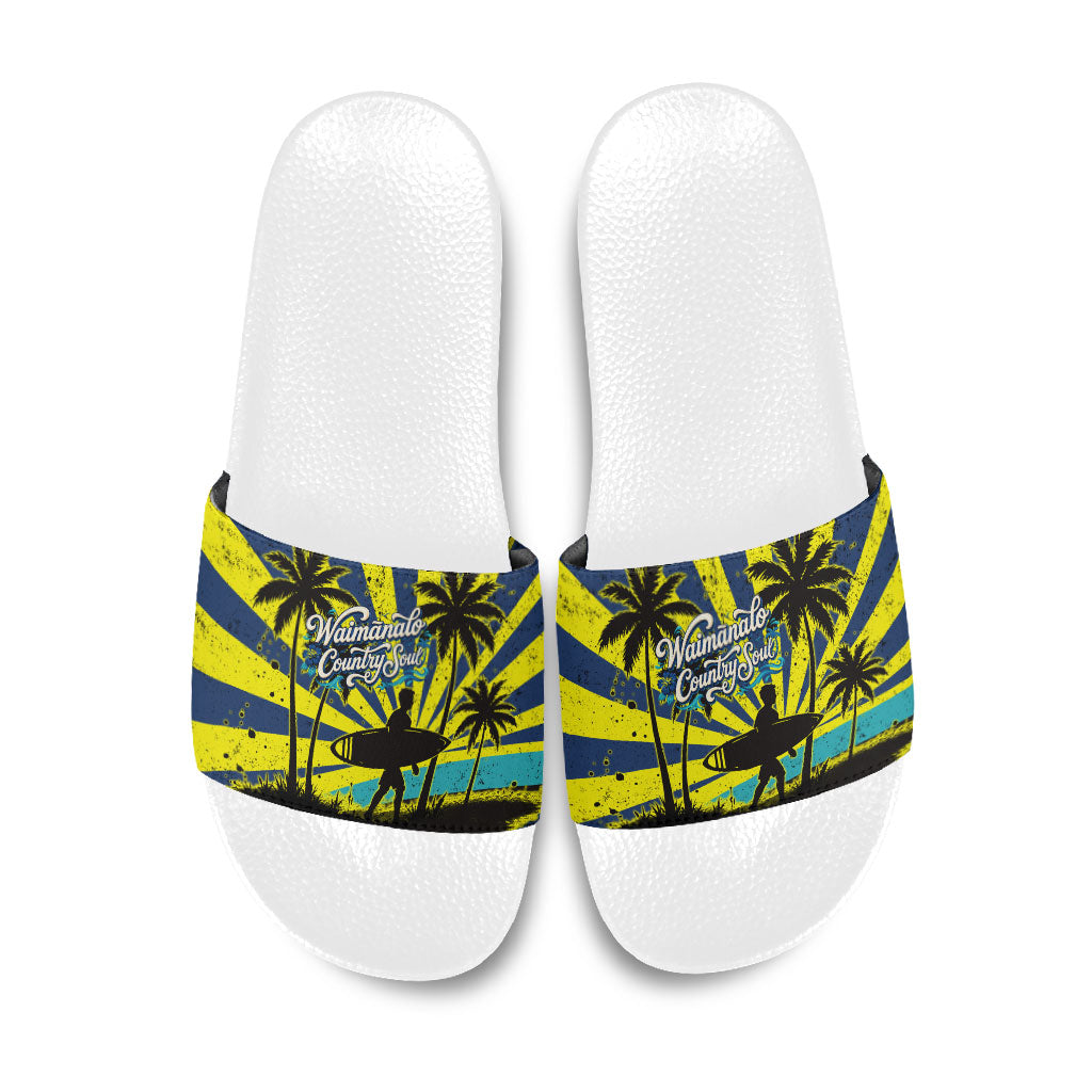 Waimanalo Oahu Hawaii Surfing Slide Sandals Tropical Beach Retro Sunburst Surfboard