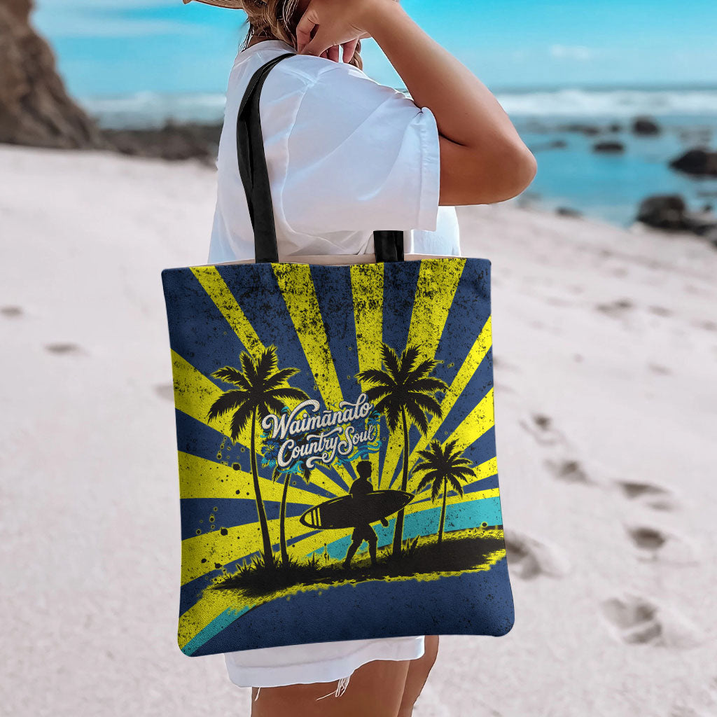 Waimanalo Oahu Hawaii Surfing Tote Bag Tropical Beach Retro Sunburst Surfboard
