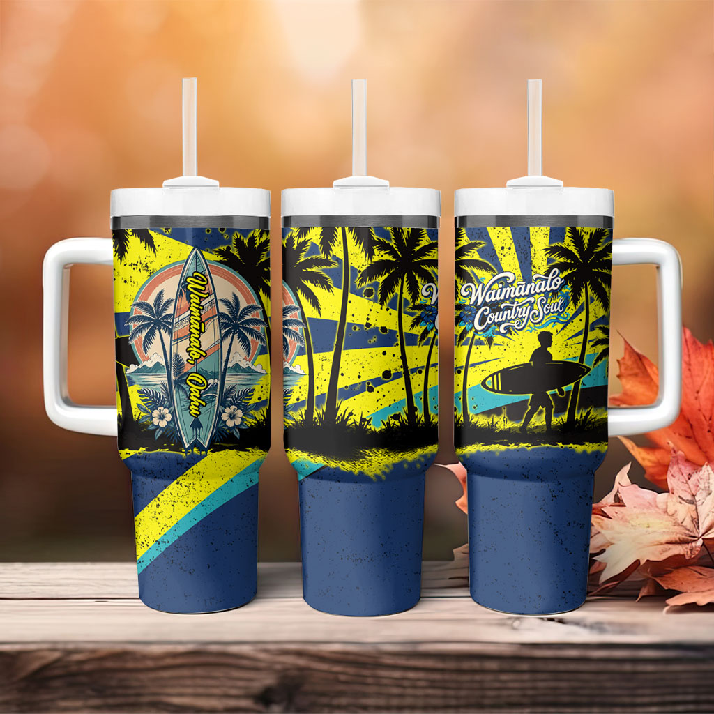Waimanalo Oahu Hawaii Surfing Tumbler With Handle Tropical Beach Retro Sunburst Surfboard