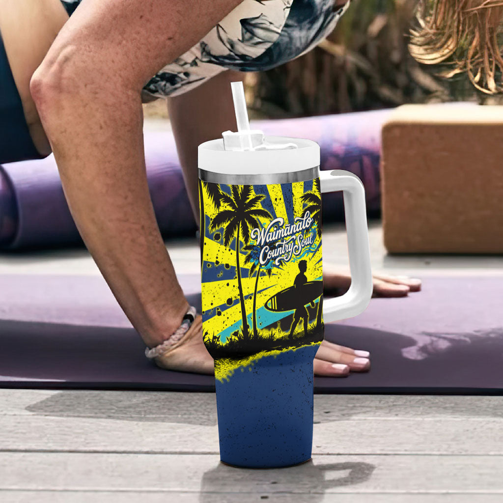 Waimanalo Oahu Hawaii Surfing Tumbler With Handle Tropical Beach Retro Sunburst Surfboard