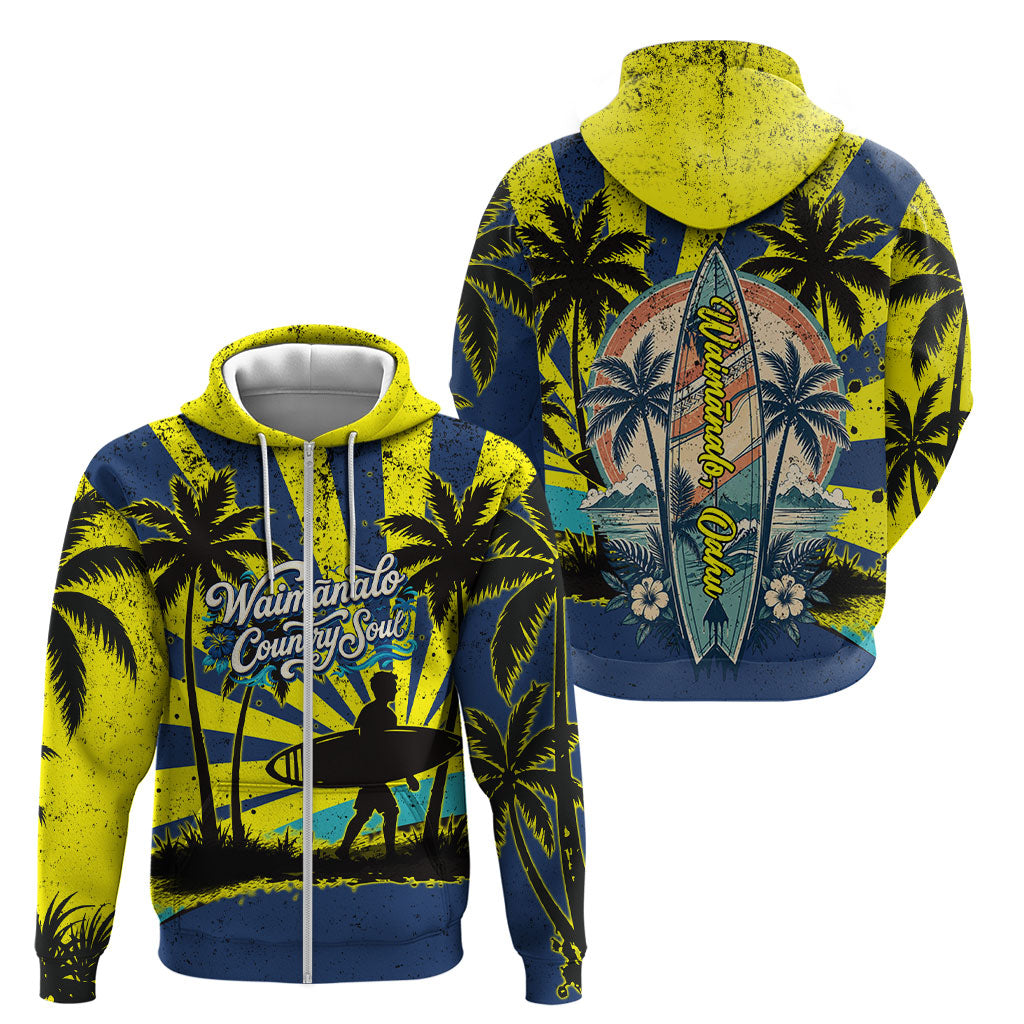 Waimanalo Oahu Hawaii Surfing Zip Hoodie Tropical Beach Retro Sunburst Surfboard