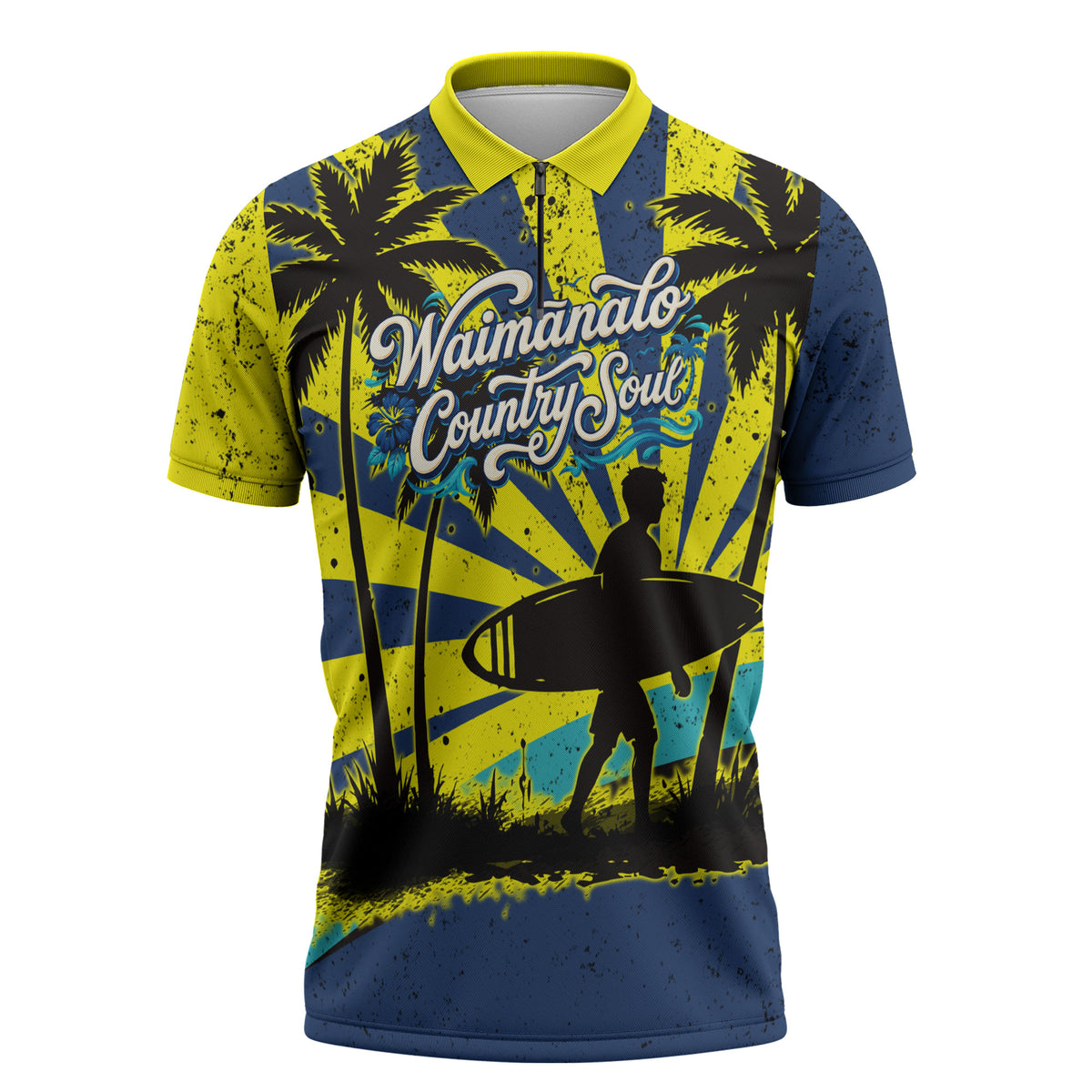 Waimanalo Oahu Hawaii Surfing Zipper Polo Shirt Tropical Beach Retro Sunburst Surfboard
