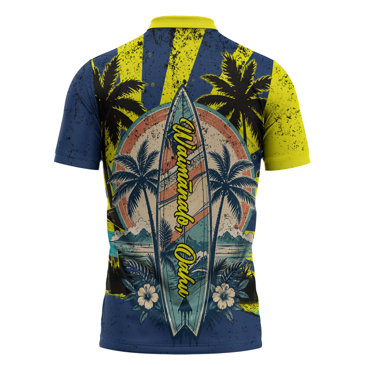 Waimanalo Oahu Hawaii Surfing Zipper Polo Shirt Tropical Beach Retro Sunburst Surfboard