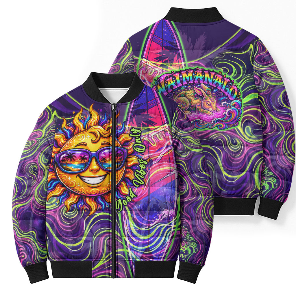Waimanalo Hawaii Sun Rabbit Bomber Puffer Jacket Psychedelic Trippy Neon Swirl Graphic