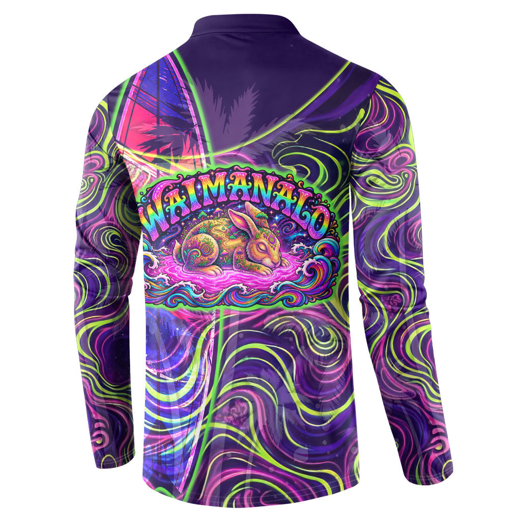 Waimanalo Hawaii Sun Rabbit Button Sweatshirt Psychedelic Trippy Neon Swirl Graphic