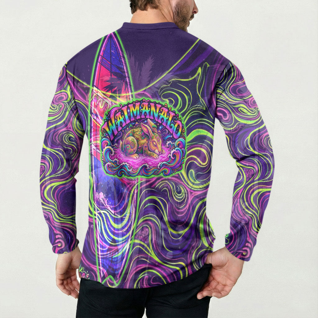 Waimanalo Hawaii Sun Rabbit Button Sweatshirt Psychedelic Trippy Neon Swirl Graphic