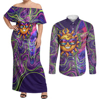 Waimanalo Hawaii Sun Rabbit Couples Matching Off Shoulder Maxi Dress and Long Sleeve Button Shirt Psychedelic Trippy Neon Swirl Graphic