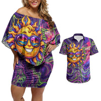 Waimanalo Hawaii Sun Rabbit Couples Matching Off Shoulder Short Dress and Hawaiian Shirt Psychedelic Trippy Neon Swirl Graphic