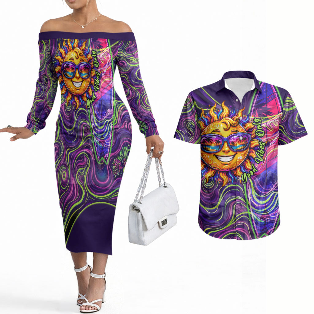 Waimanalo Hawaii Sun Rabbit Couples Matching Off The Shoulder Long Sleeve Dress and Hawaiian Shirt Psychedelic Trippy Neon Swirl Graphic TS04 Purple Green - Polynesian Pride