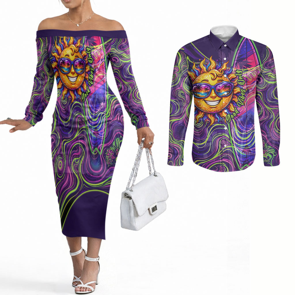 Waimanalo Hawaii Sun Rabbit Couples Matching Off The Shoulder Long Sleeve Dress and Long Sleeve Button Shirt Psychedelic Trippy Neon Swirl Graphic