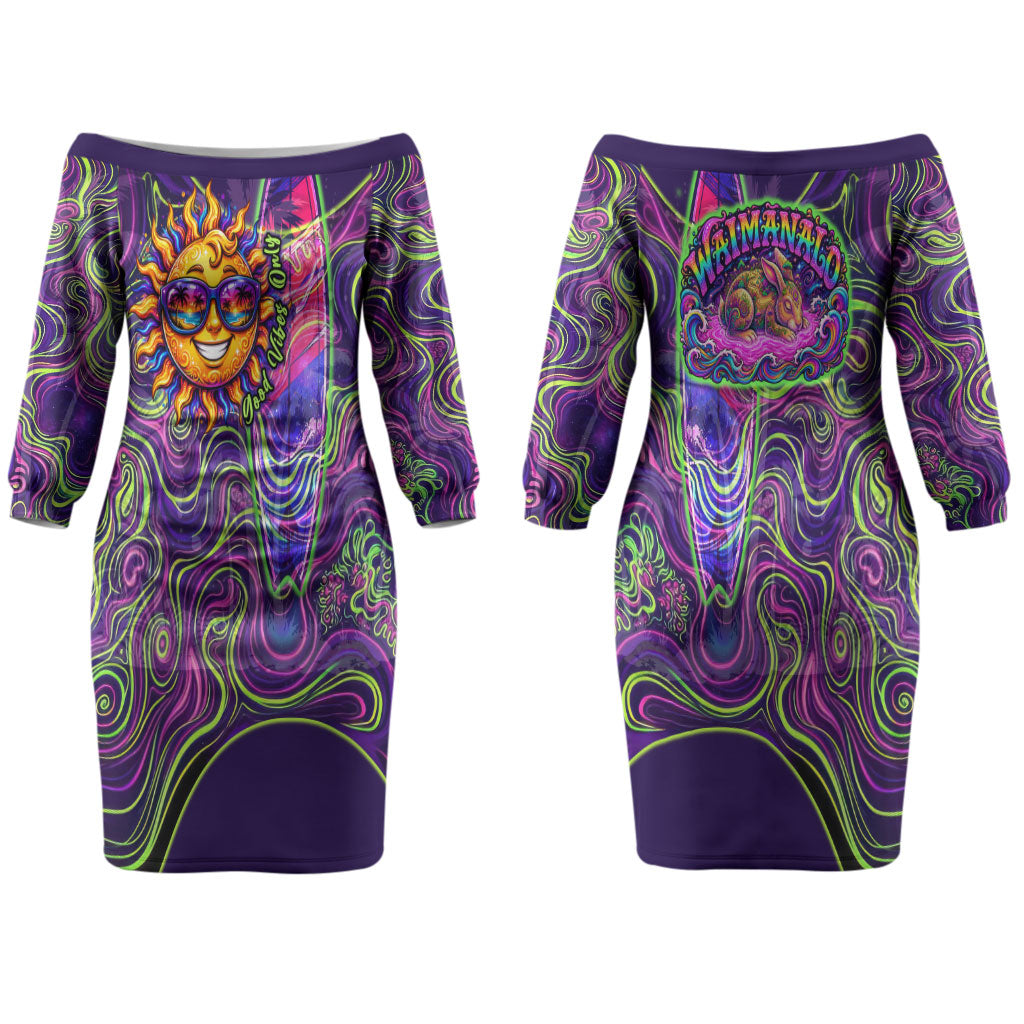 Waimanalo Hawaii Sun Rabbit Couples Matching Off The Shoulder Long Sleeve Dress and Long Sleeve Button Shirt Psychedelic Trippy Neon Swirl Graphic