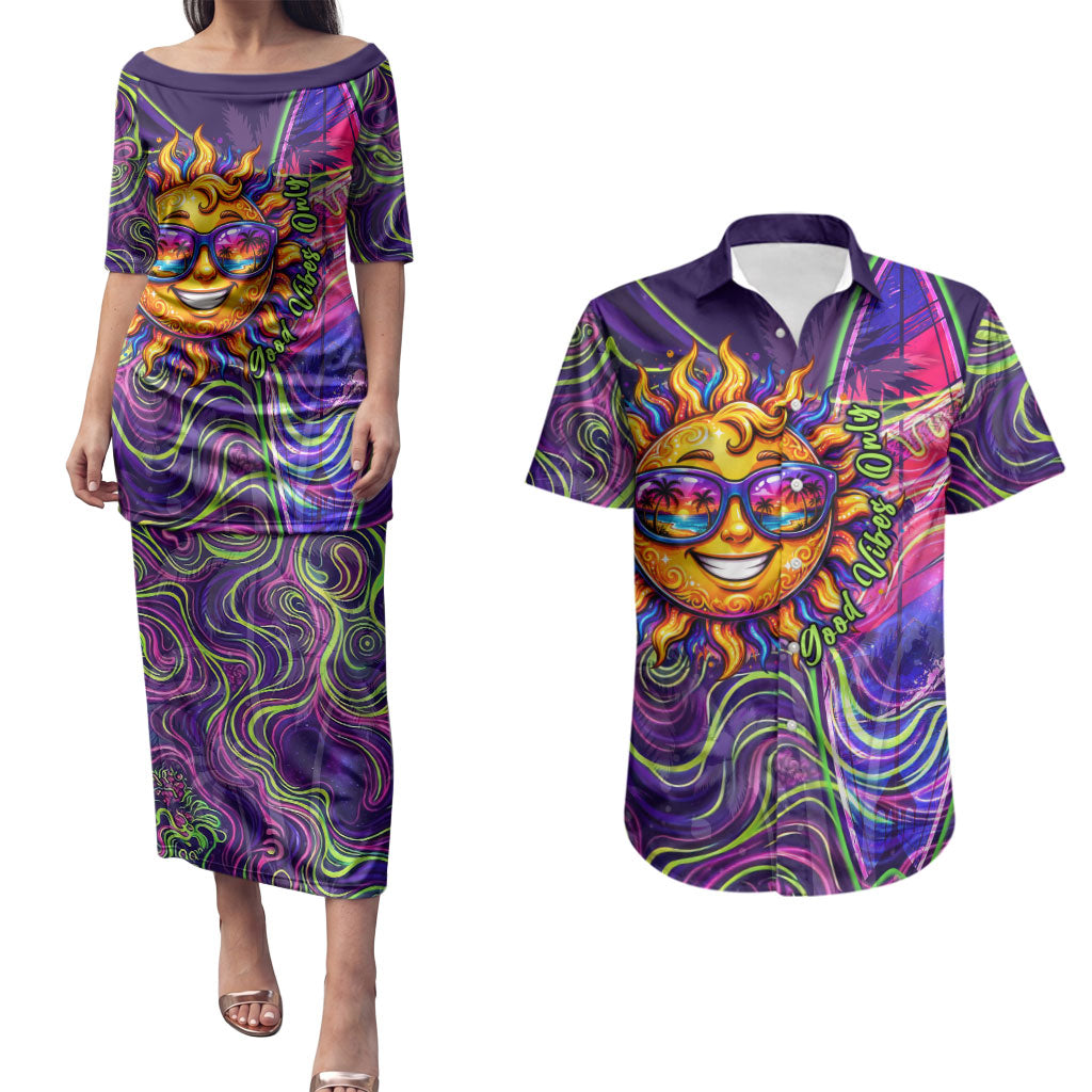 Waimanalo Hawaii Sun Rabbit Couples Matching Puletasi and Hawaiian Shirt Psychedelic Trippy Neon Swirl Graphic TS04 Purple Green - Polynesian Pride