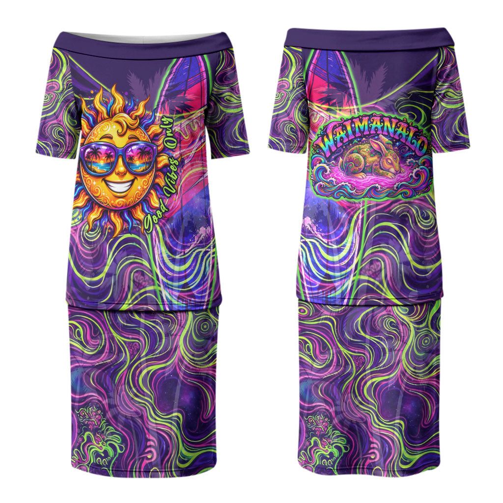 Waimanalo Hawaii Sun Rabbit Couples Matching Puletasi and Hawaiian Shirt Psychedelic Trippy Neon Swirl Graphic