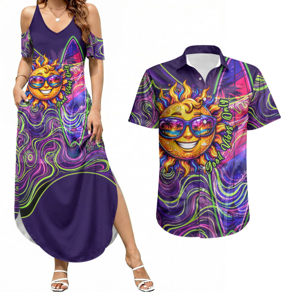 Waimanalo Hawaii Sun Rabbit Couples Matching Summer Maxi Dress and Hawaiian Shirt Psychedelic Trippy Neon Swirl Graphic