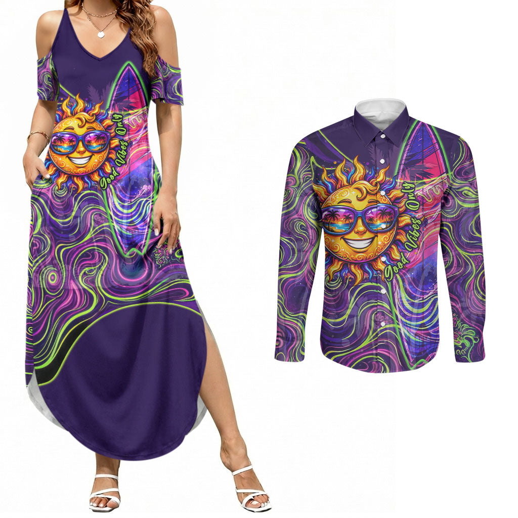 Waimanalo Hawaii Sun Rabbit Couples Matching Summer Maxi Dress and Long Sleeve Button Shirt Psychedelic Trippy Neon Swirl Graphic