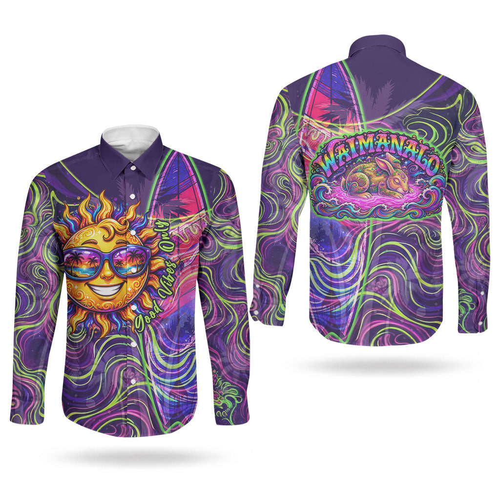 Waimanalo Hawaii Sun Rabbit Couples Matching Summer Maxi Dress and Long Sleeve Button Shirt Psychedelic Trippy Neon Swirl Graphic