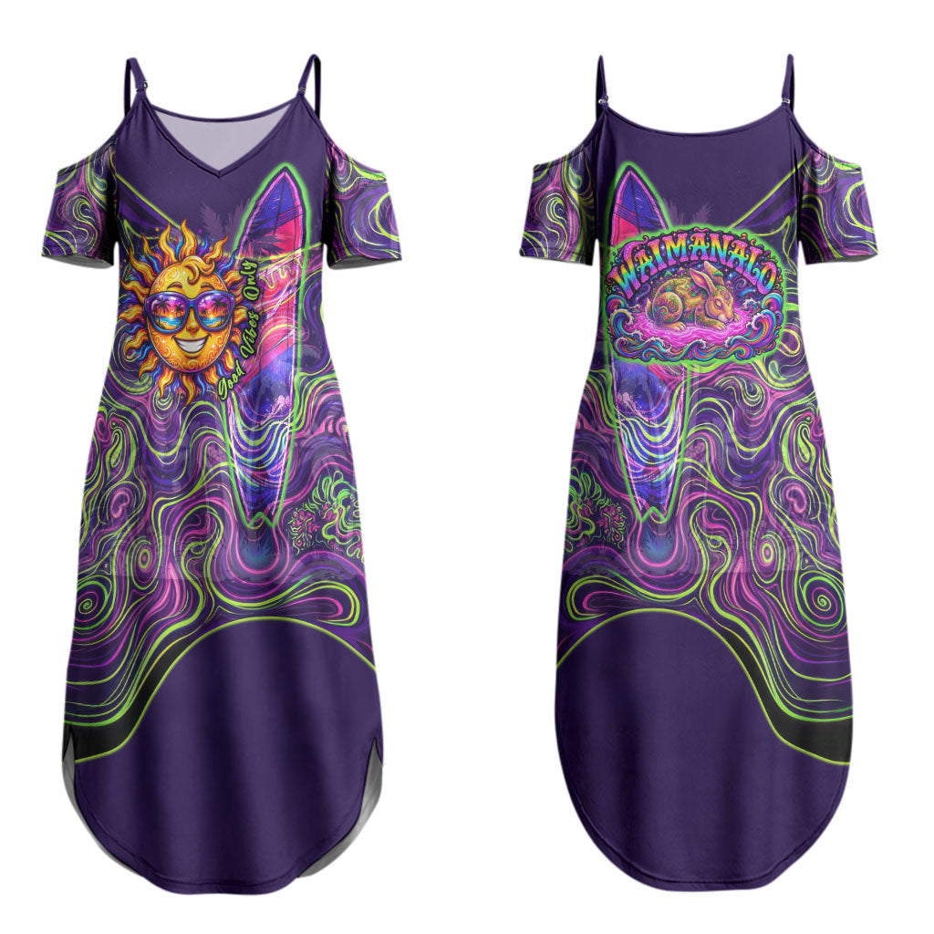 Waimanalo Hawaii Sun Rabbit Couples Matching Summer Maxi Dress and Long Sleeve Button Shirt Psychedelic Trippy Neon Swirl Graphic