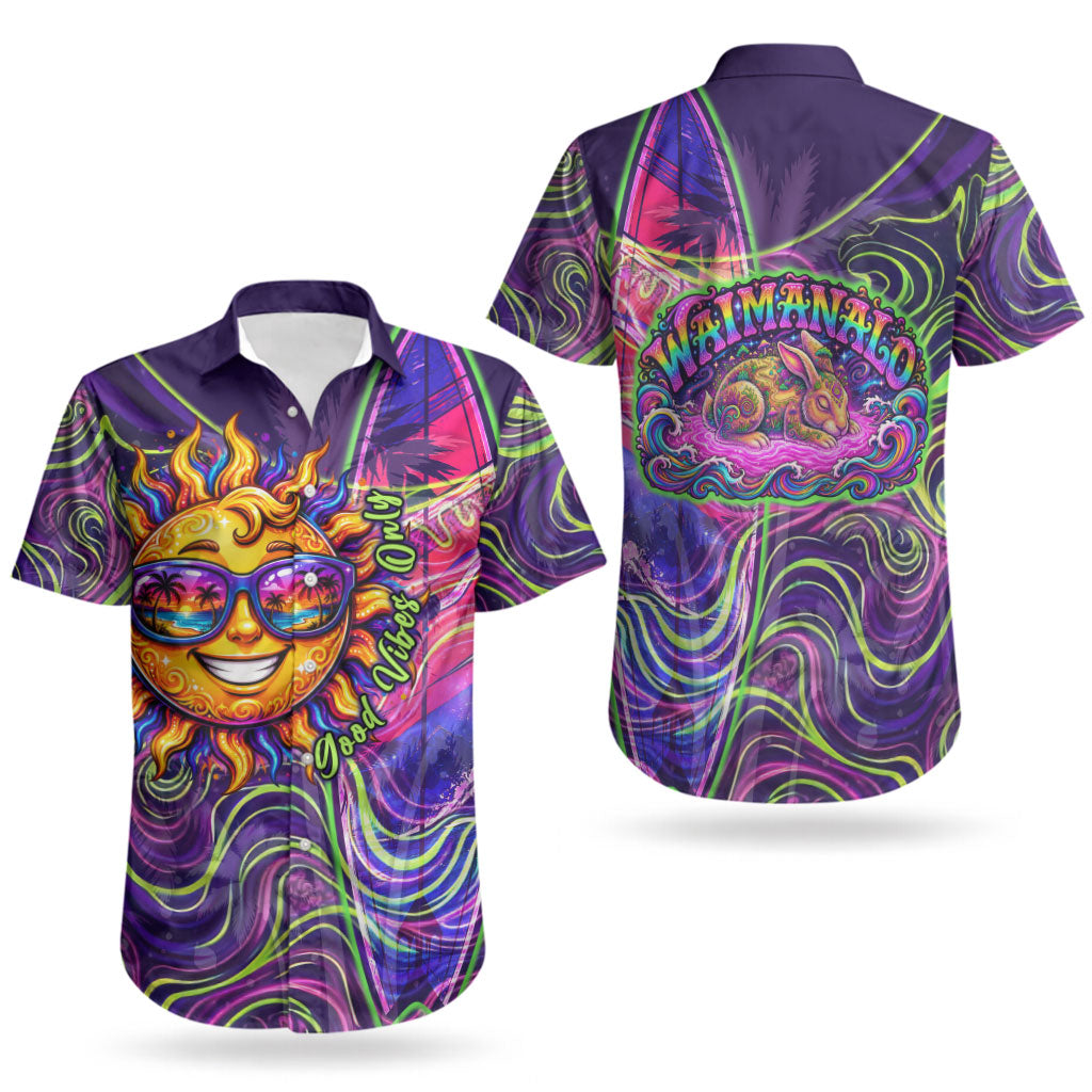 Waimanalo Hawaii Sun Rabbit Couples Matching Tank Maxi Dress and Hawaiian Shirt Psychedelic Trippy Neon Swirl Graphic