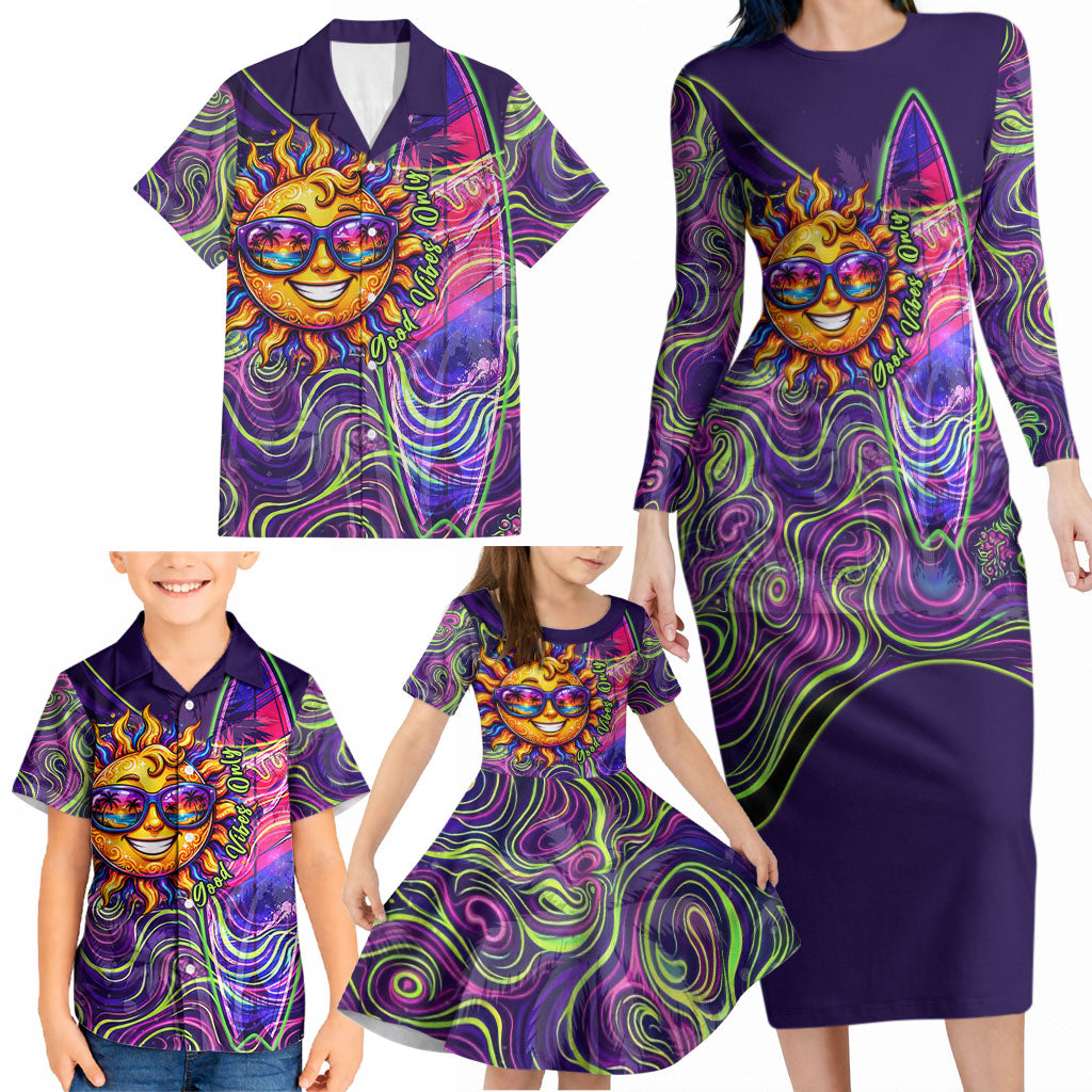 Waimanalo Hawaii Sun Rabbit Family Matching Long Sleeve Bodycon Dress and Hawaiian Shirt Psychedelic Trippy Neon Swirl Graphic