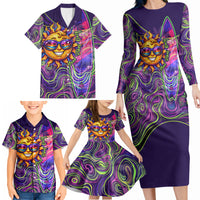 Waimanalo Hawaii Sun Rabbit Family Matching Long Sleeve Bodycon Dress and Hawaiian Shirt Psychedelic Trippy Neon Swirl Graphic