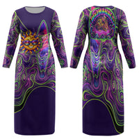 Waimanalo Hawaii Sun Rabbit Family Matching Long Sleeve Bodycon Dress and Hawaiian Shirt Psychedelic Trippy Neon Swirl Graphic