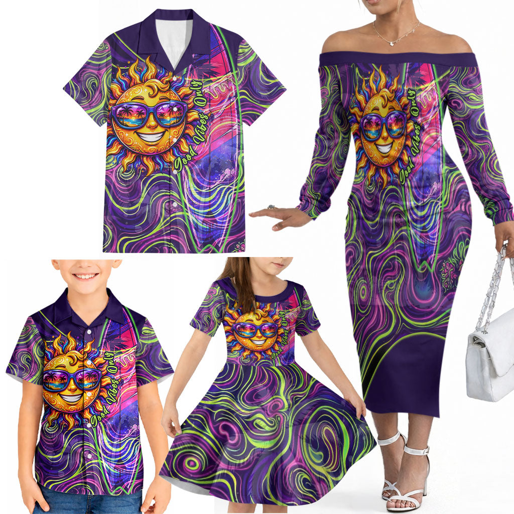 Waimanalo Hawaii Sun Rabbit Family Matching Off The Shoulder Long Sleeve Dress and Hawaiian Shirt Psychedelic Trippy Neon Swirl Graphic