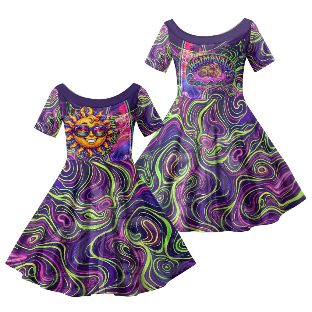 Waimanalo Hawaii Sun Rabbit Family Matching Off The Shoulder Long Sleeve Dress and Hawaiian Shirt Psychedelic Trippy Neon Swirl Graphic