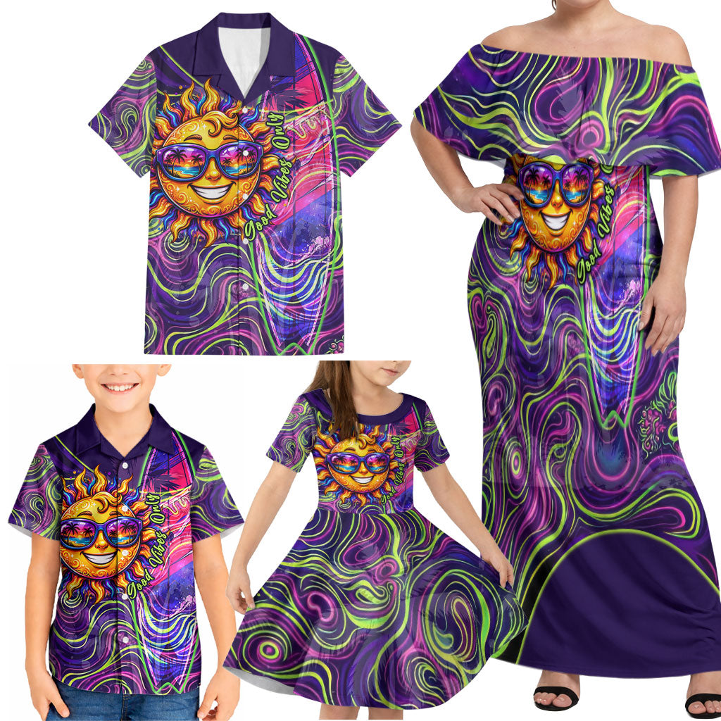 Waimanalo Hawaii Sun Rabbit Family Matching Off Shoulder Maxi Dress and Hawaiian Shirt Psychedelic Trippy Neon Swirl Graphic