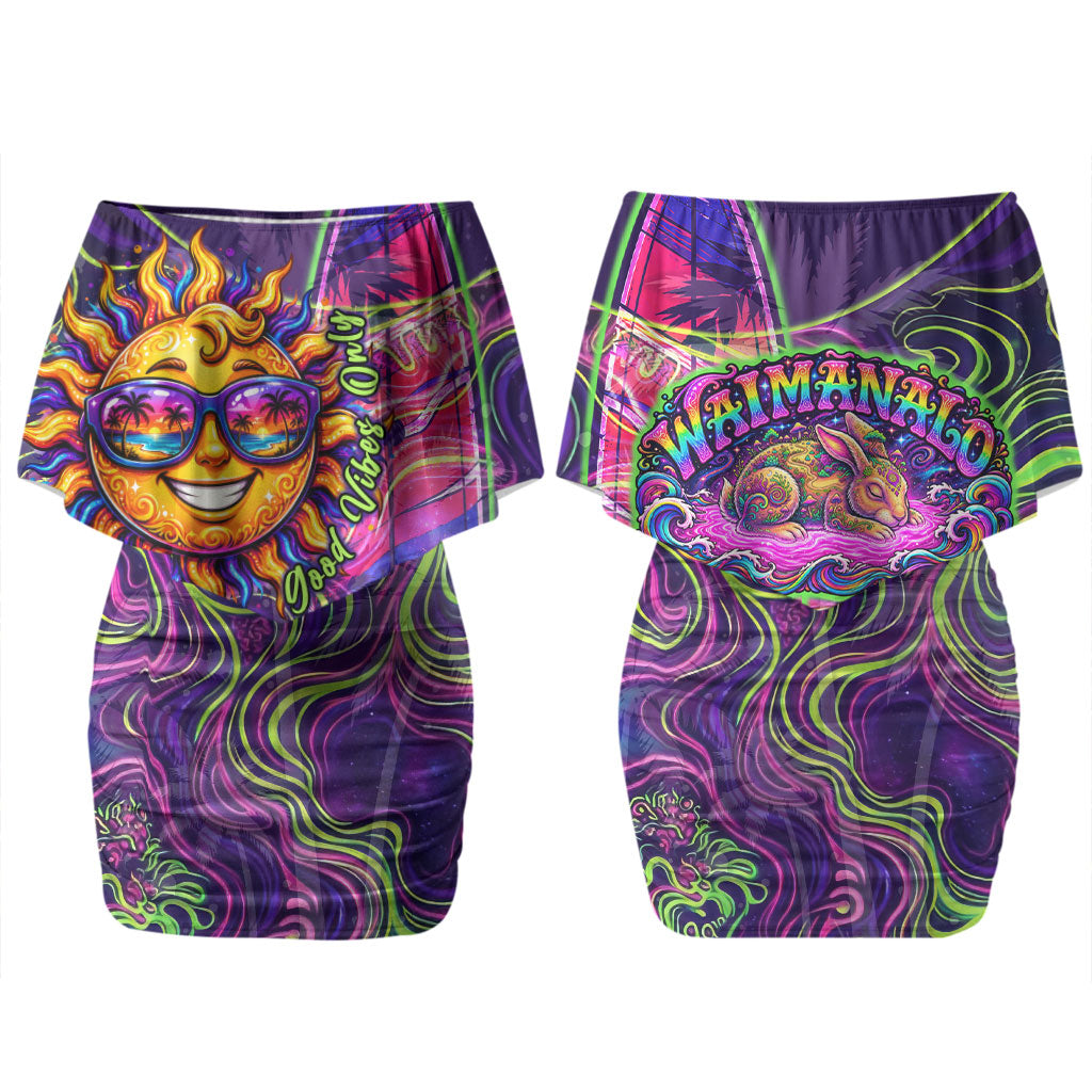 Waimanalo Hawaii Sun Rabbit Family Matching Off Shoulder Short Dress and Hawaiian Shirt Psychedelic Trippy Neon Swirl Graphic
