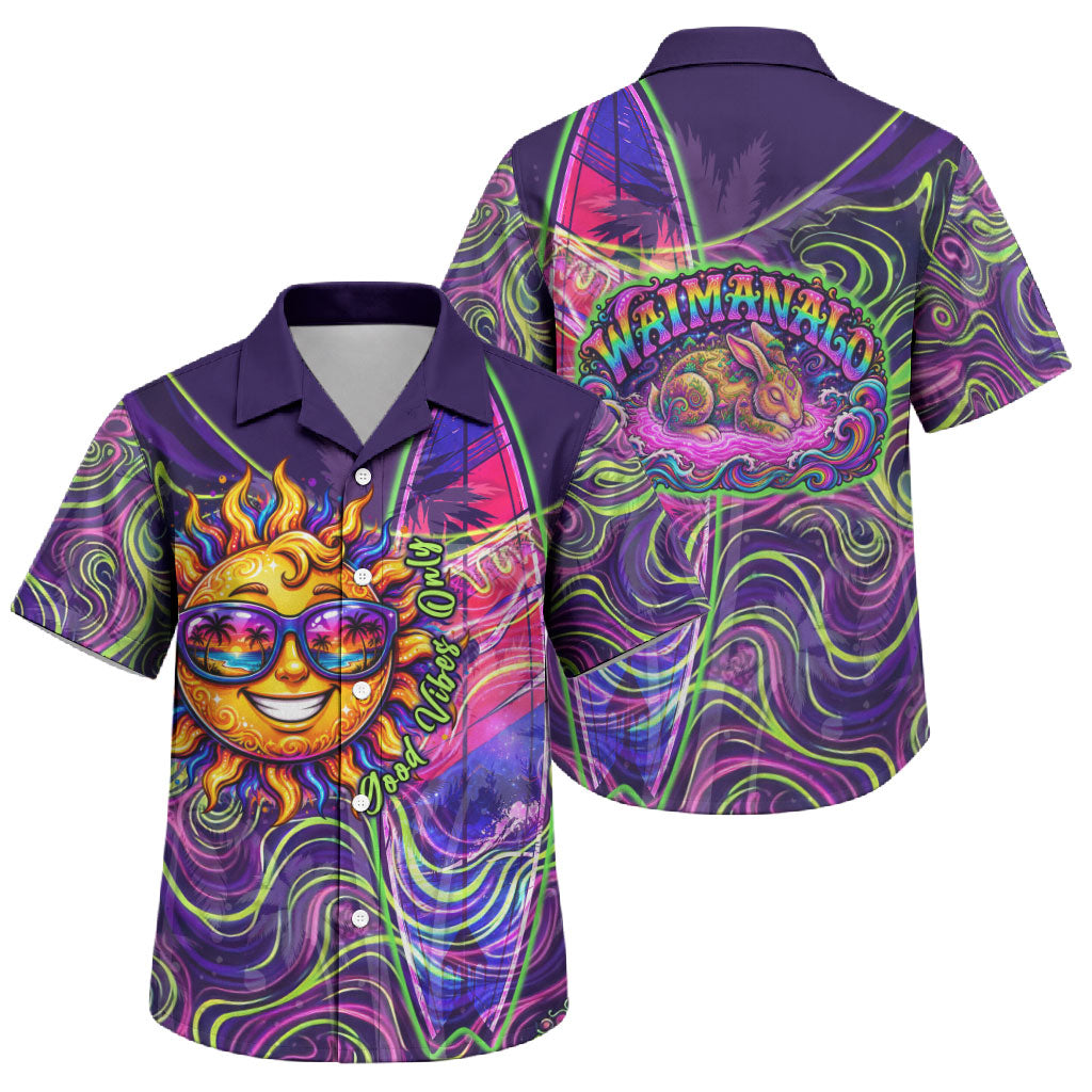 Waimanalo Hawaii Sun Rabbit Family Matching Off Shoulder Short Dress and Hawaiian Shirt Psychedelic Trippy Neon Swirl Graphic
