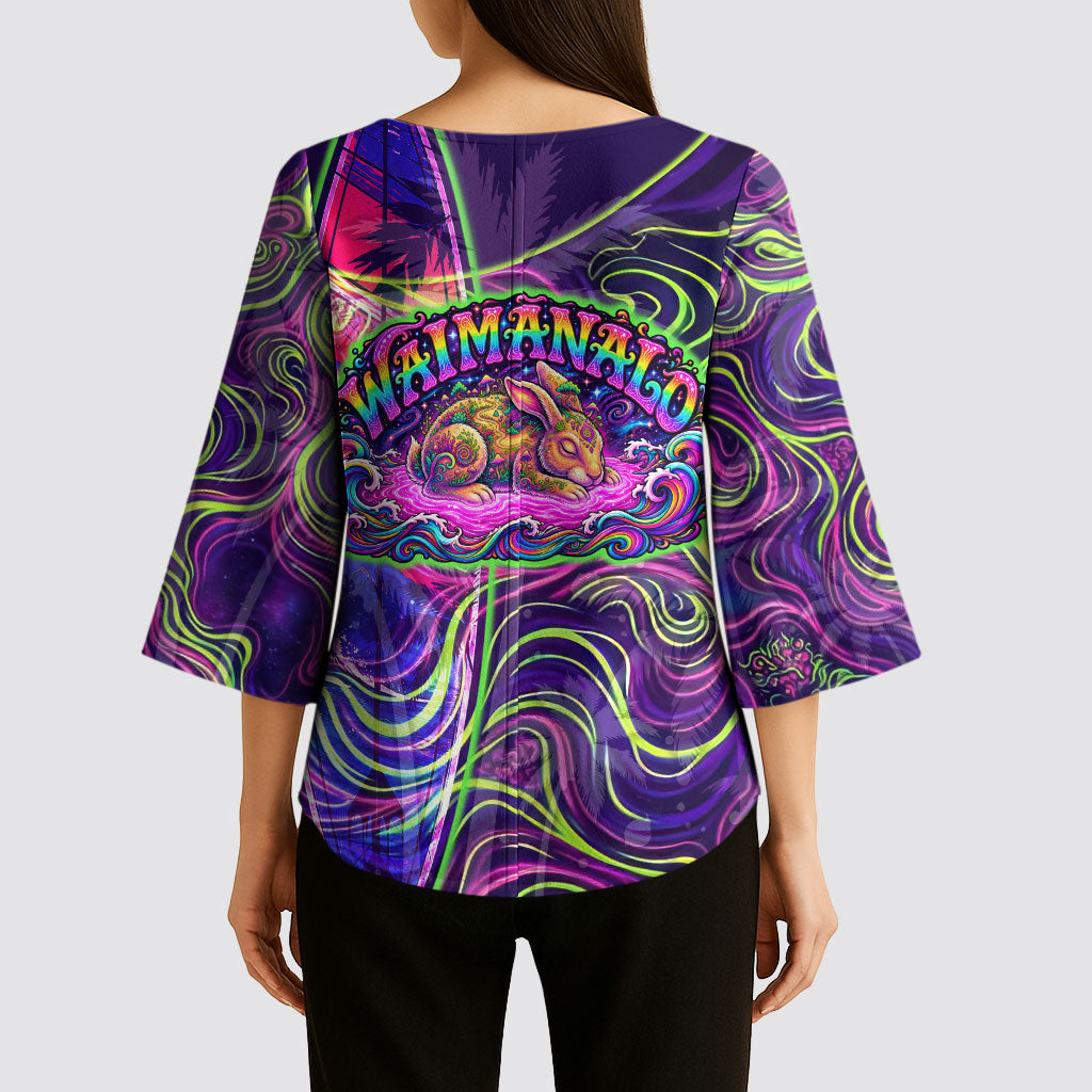 Waimanalo Hawaii Sun Rabbit Kimono Sleeve Blouse Psychedelic Trippy Neon Swirl Graphic
