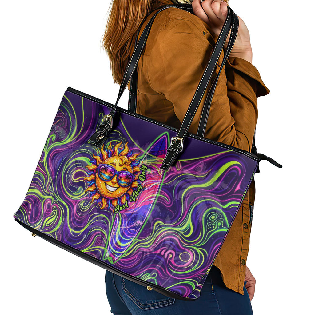 Waimanalo Hawaii Sun Rabbit Leather Tote Bag Psychedelic Trippy Neon Swirl Graphic