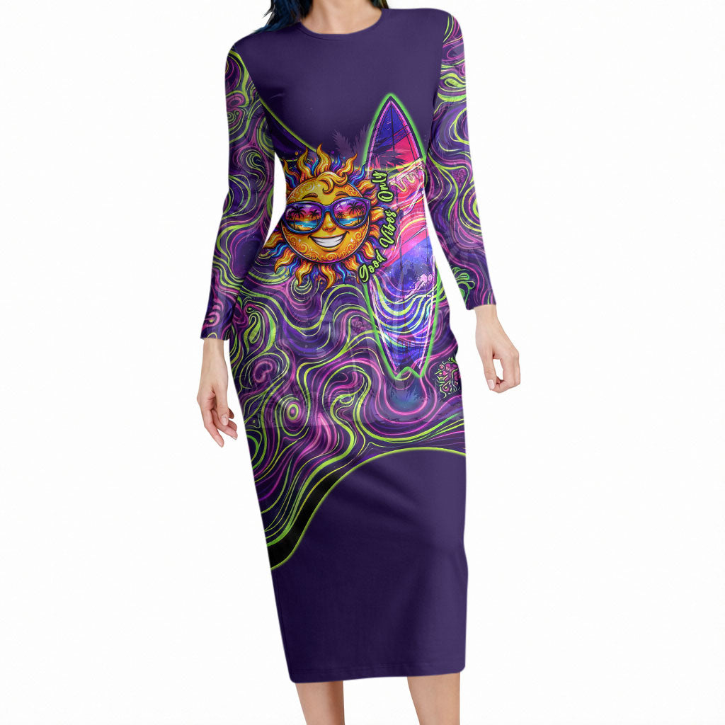 Waimanalo Hawaii Sun Rabbit Long Sleeve Bodycon Dress Psychedelic Trippy Neon Swirl Graphic
