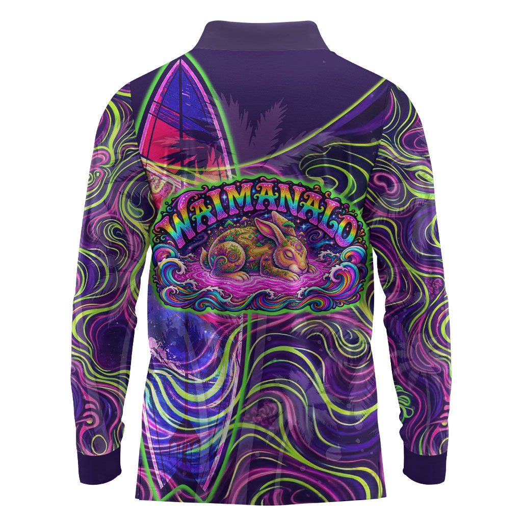 Waimanalo Hawaii Sun Rabbit Long Sleeve Polo Shirt Psychedelic Trippy Neon Swirl Graphic