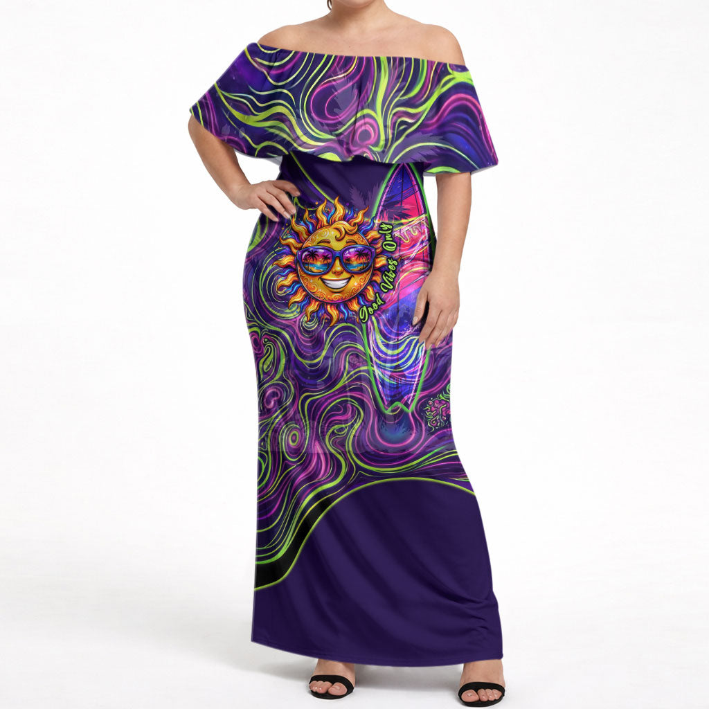 Waimanalo Hawaii Sun Rabbit Off Shoulder Maxi Dress Psychedelic Trippy Neon Swirl Graphic