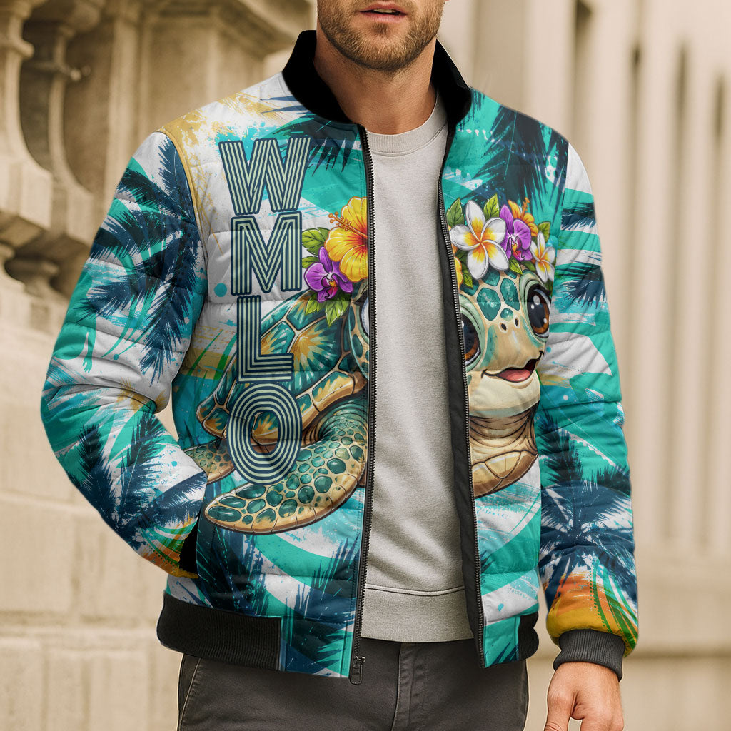 Hawaii Waimanalo Sea Turtle Bomber Puffer Jacket Cute Tropical Beach Aloha Spirit Cartoon