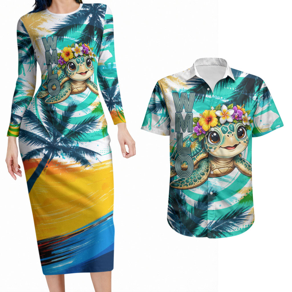 Hawaii Waimanalo Sea Turtle Couples Matching Long Sleeve Bodycon Dress and Hawaiian Shirt Cute Tropical Beach Aloha Spirit Cartoon