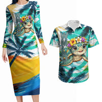 Hawaii Waimanalo Sea Turtle Couples Matching Long Sleeve Bodycon Dress and Hawaiian Shirt Cute Tropical Beach Aloha Spirit Cartoon