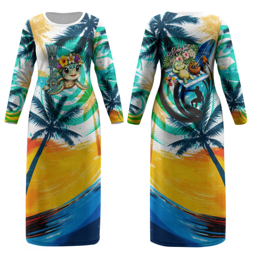 Hawaii Waimanalo Sea Turtle Couples Matching Long Sleeve Bodycon Dress and Hawaiian Shirt Cute Tropical Beach Aloha Spirit Cartoon