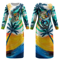 Hawaii Waimanalo Sea Turtle Couples Matching Long Sleeve Bodycon Dress and Hawaiian Shirt Cute Tropical Beach Aloha Spirit Cartoon