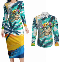 Hawaii Waimanalo Sea Turtle Couples Matching Long Sleeve Bodycon Dress and Long Sleeve Button Shirt Cute Tropical Beach Aloha Spirit Cartoon
