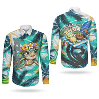 Hawaii Waimanalo Sea Turtle Couples Matching Long Sleeve Bodycon Dress and Long Sleeve Button Shirt Cute Tropical Beach Aloha Spirit Cartoon